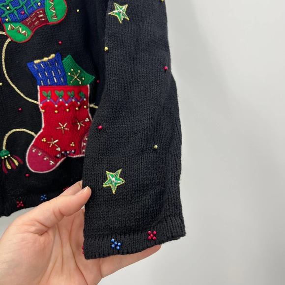Vintage Embroidered Beaded Stocking Ugly Christmas Sweater Cardigan Medium - Picture 6 of 7